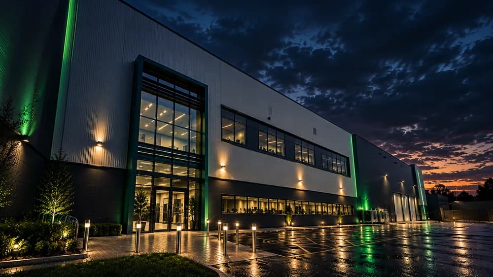 The liquid-cooled edge data centre at dusk, its frontage washed in green light