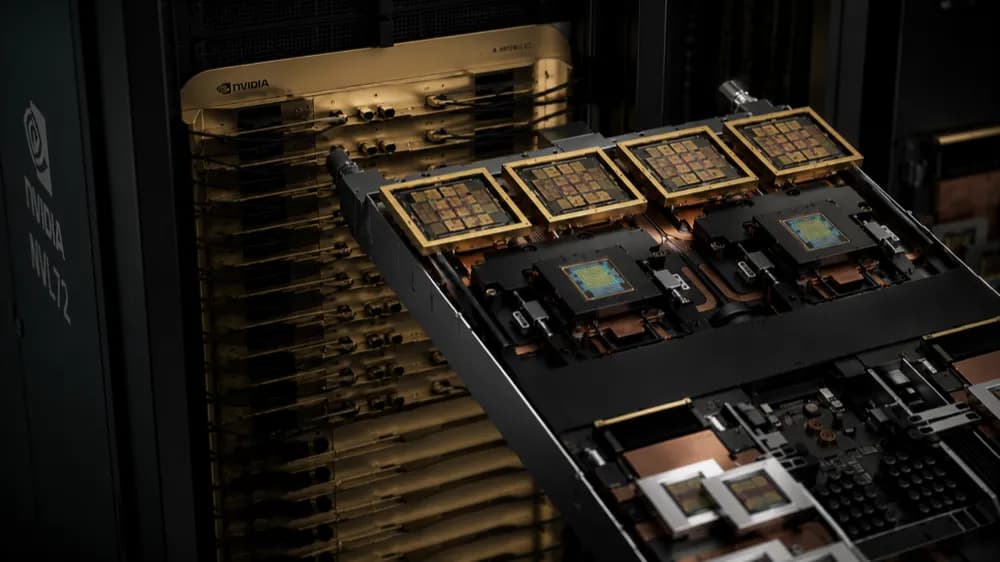 A compute tray drawn out of an NVL72 rack, four Rubin GPU modules and two Vera CPUs exposed