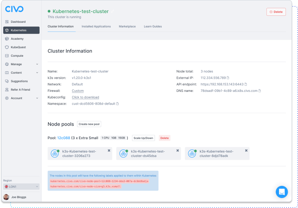 Civo Kubernetes manage page