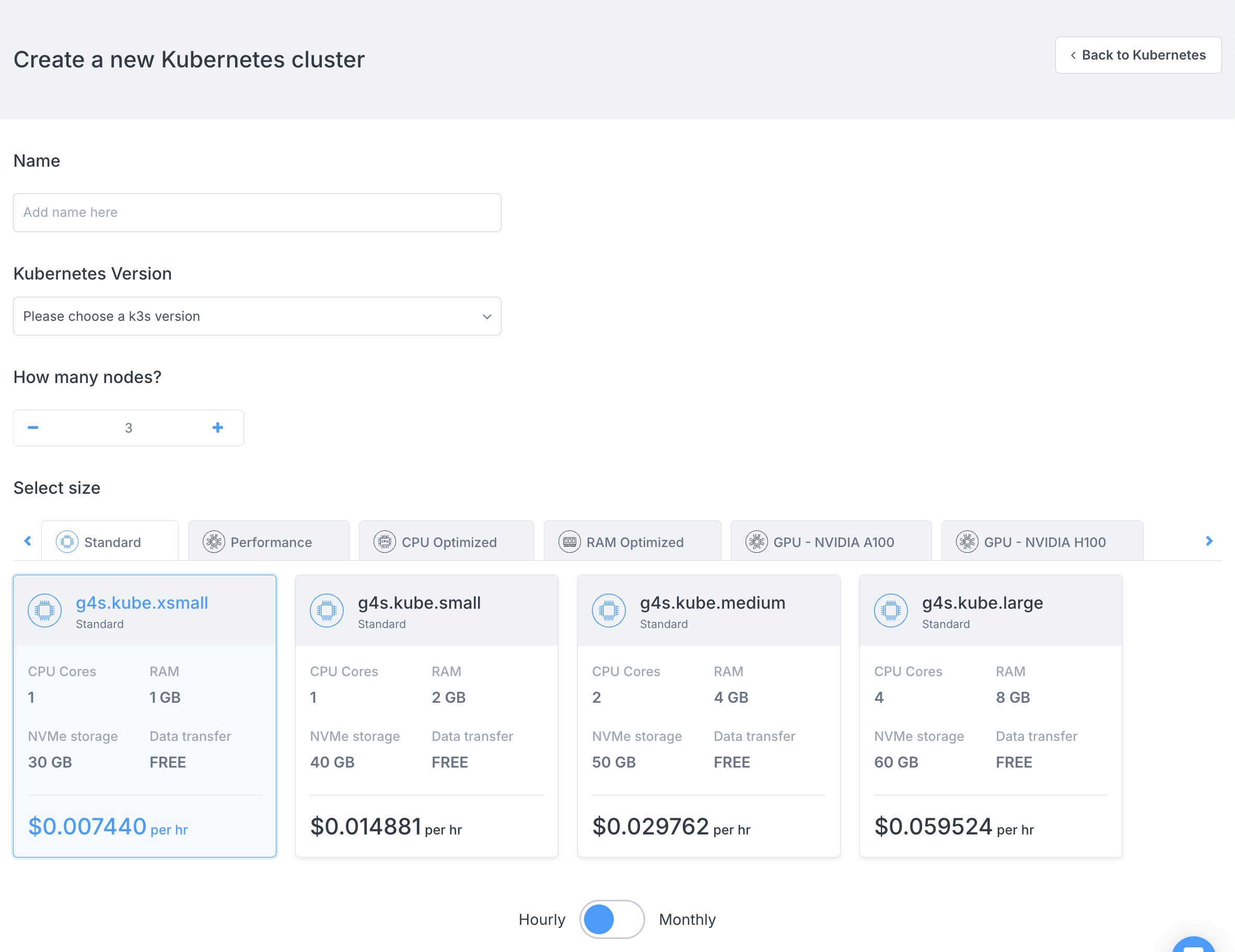 Overview of the cluster creation page on Civo